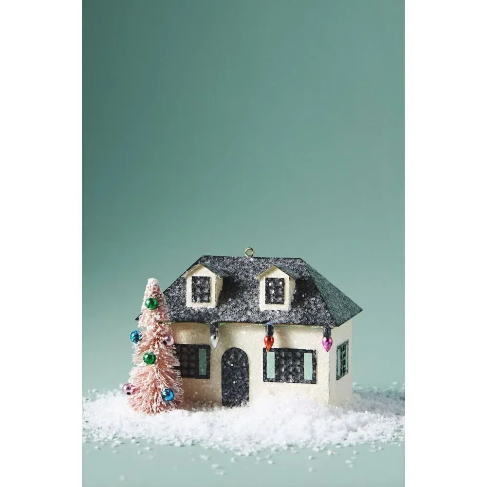 ANTHROPOLOGIE Christmas Cottage Light-Up Ornament Holiday Home Ivory NEW